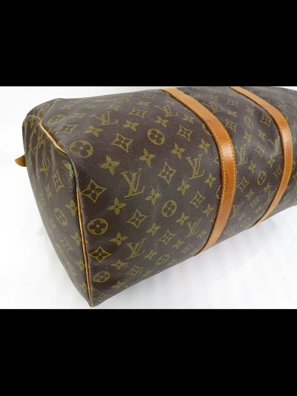 Louis Vuitton Brown Monogram Keepall Duffel with Tan Leather Trim